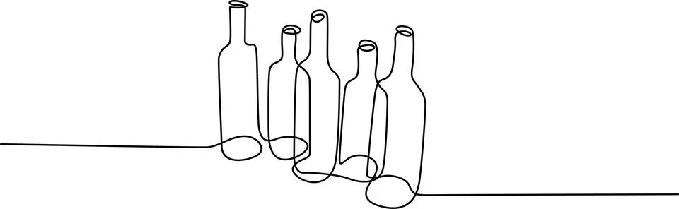 Five empty wine bottles falling over on a flat surface Vector Illustrazione stock