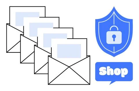 Five envelopes symbolize email communication. Adjacent is a blue shield icon  Stock Illustration