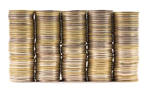 Five equal stacks of coins merged in one wall isolated on white background Фото