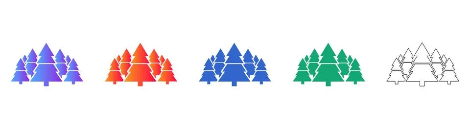 Five Evergreen Forest Tree Icons in Gradient and Outline Illustrazione stock
