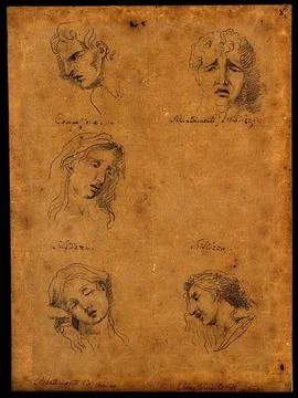Five faces expressing human passions: (clockwise from top left:) compassion.. Stock Illustration