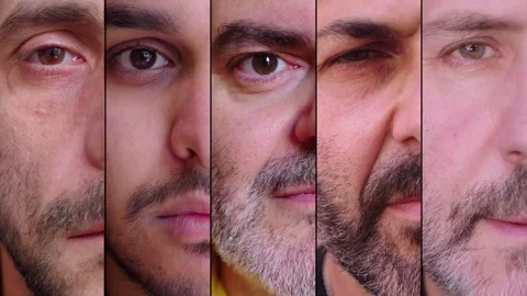 Five Faces, Eyes Opening Simultaneously in a Split Composition Stock Footage 293052561