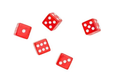 Five falling red dices on white background Stock Photos