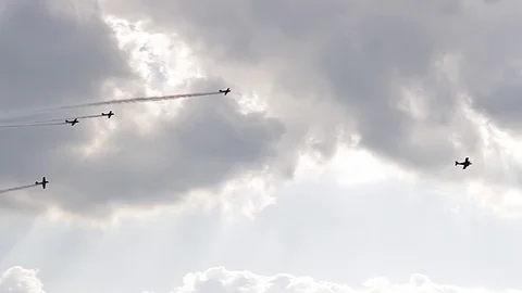 Five fighter jets in the blue sky. A general plan. Aerobatic figures. Airshow. 9 Stock Footage 124146110
