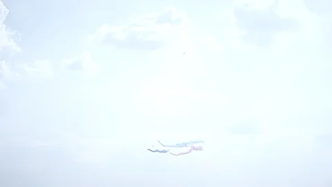 Five fighter jets in the blue sky. Blue, red and white colors. A general plan Stock Footage 124146324