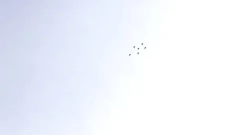 Five fighter jets in the blue sky. A general plan. Aerobatic figures. Airshow Stock Footage 124146495