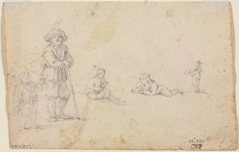 Five Figure Studies (verso), 1600s. Anonymous. Graphite; sheet: 10.1 x 15.4.. Stock Illustration