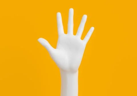 Five fingers opened palm gesture white hand on yellow, 3d rendering Stock Illustration