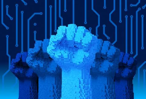 Five Fists Upwards Consisting Of 3D Pixels. Concept Of Technology Revolution. Ilustración de archivo