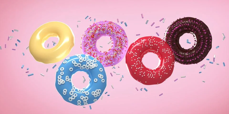 Five flying donuts with multi colored sprinkles on pink background . 3d rende Stock Photos