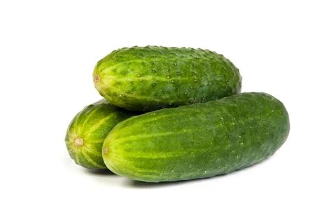 Five Fresh Cucumbers isolated on white Foto stock