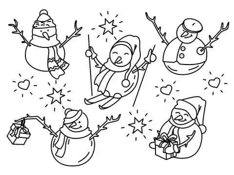 Five funny snowmen in doodle Stock Illustration