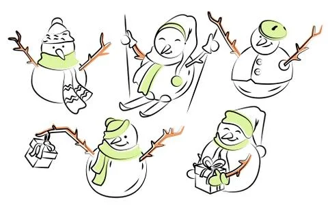 Five funny snowmen in doodle Stock Illustration