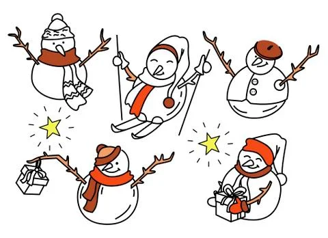 Five funny snowmen in doodle Stock Illustration