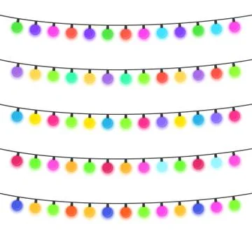 Five garlands with multi-colored light bulbs on a white background Stock Illustration