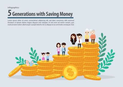 Five generation with saving money collection infographic. Vector, illustratio Illustrazione stock