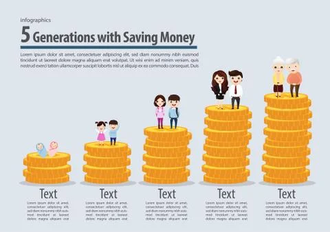 Five generation with saving money collection infographic. Vector, illustratio Illustrazione stock