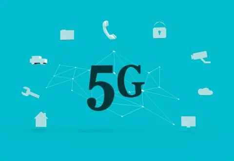 Five generation sing flat on light blue color background with network and ico Stock Illustration