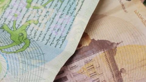Five Georgian lari banknotes close-up. Universal currency converter GEL Central Stock Footage 275098177