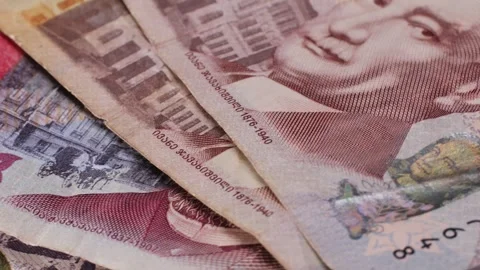 Five Georgian lari banknotes close-up. Universal currency converter GEL Central Stock Footage 279587956