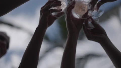 Five glasses with champagne make clink glasses outside Stock Footage 221508922