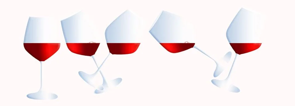 Five glasses of red wine are seen at different angles but the wine remains le Stock Illustration