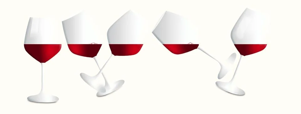 Five glasses of red wine are seen at different angles but the wine remains le Stock Illustration