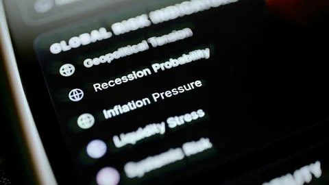 Five global risk indicators on dark panel Foto stock