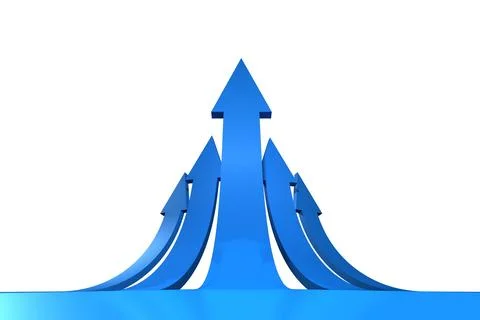 Five glossy blue arrows are rising from reflective gradient plane in 3D render, Stock Illustration
