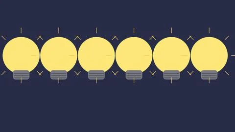Five glowing lightbulbs connected by wires on dark background Stock Illustration
