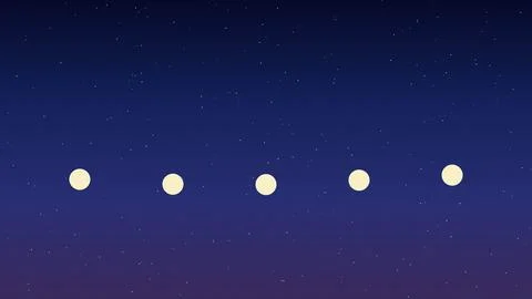 Five glowing moons aligned in cosmic night sky background Stock Illustration