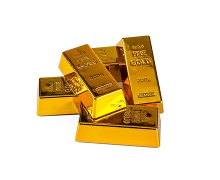 Five gold bars isolated on white background 写真素材