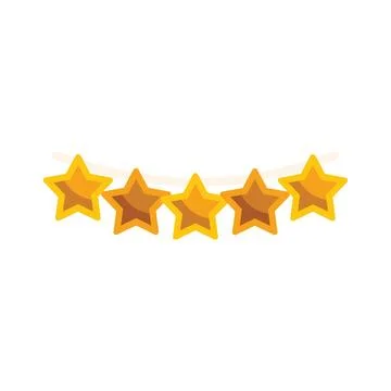 Five golden stars hanging on a string representing quality rating Stock Illustration