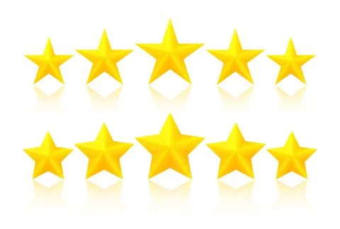 Five golden stars with reflection on white background, vector eps 10 Stock Illustration