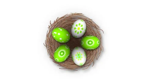 Five green and white decorated easter eggs in bird nest on white background 스톡 동영상 306078085