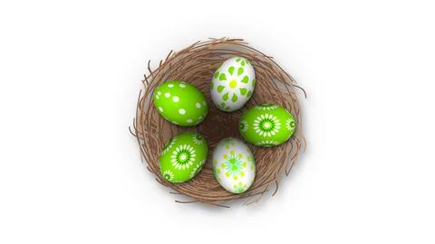 Five green and white decorated easter eggs in bird nest on white background Stock Illustration