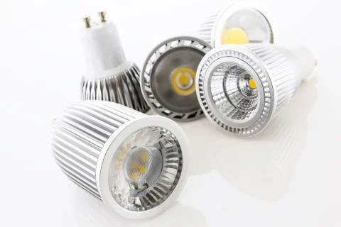 Five GU10 LED lamps with different designs of the cooling Stock-Fotos