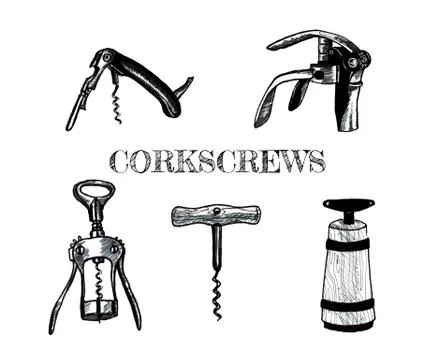 Five hand drawn graphic corkscrews Stock Illustration