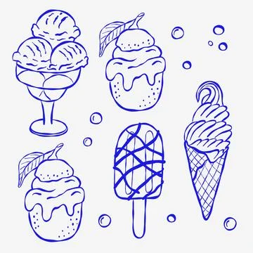 Five hand-drawn ice cream items with playful bubbles Illustrazione stock