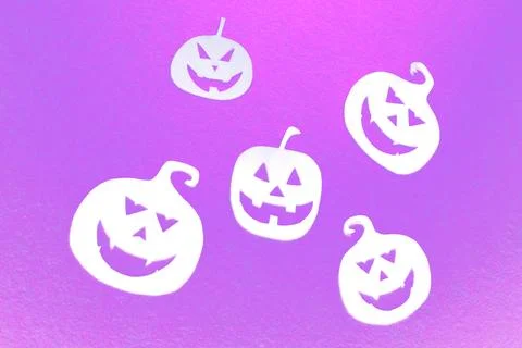 Five hand-painted white pumpkins on a pink background Stock Photos