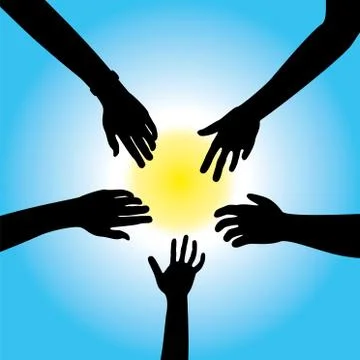 Five hands against sky and sun vector Stock Illustration