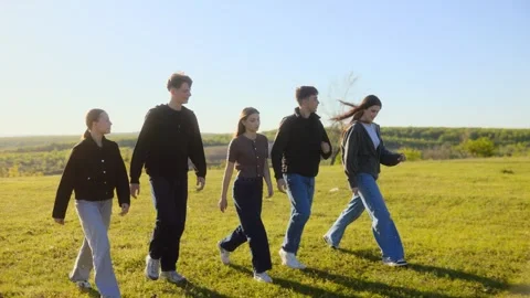 Five happy friends walking and talking on a sunny hill in side view Stock Footage 334560139