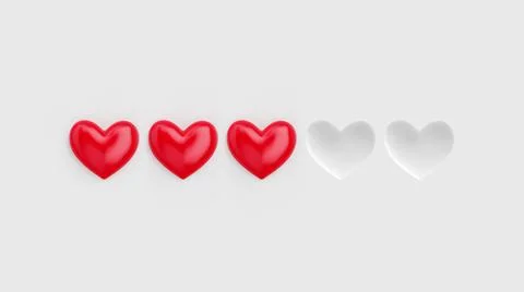 Five heart rating. Three of five red hearts. Rating consisting of red hearts  Stock Photos