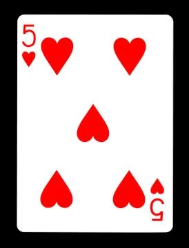 Five of hearts playing card, isolated on black background. Stock Photos