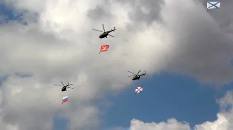 Five helicopters with flags Stock Footage 5396255