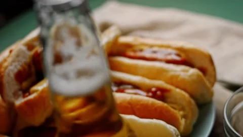 Five Hot Dogs BBQ Brats. USA cuisine 4k homemade video Stock Footage 159516460