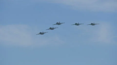 Five Iconic Russian fighter jets are flying over Moscow, Russia. The Victory Day Stock Footage 53044488