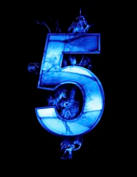 Five, illustration of  number with chrome effects and blue fire on black back Illustrazione stock