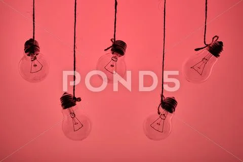 Five incandescent light bulbs hanging on a pink background Stock Photos