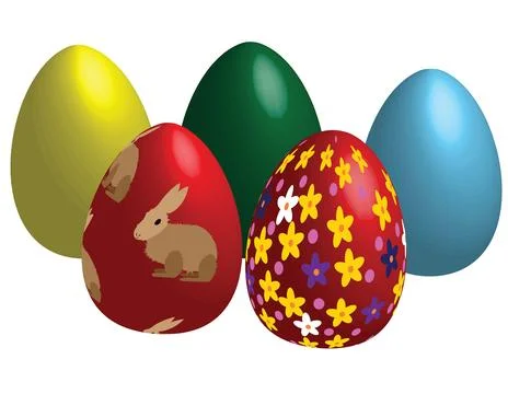 Five isolated bunch of  beautiful  glowing Easter eggs with rabbit imprint .. Stock Illustration